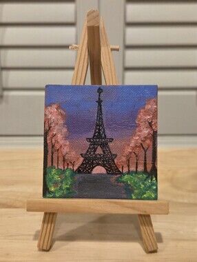 Mini Eiffel Tower Painting Canvas Art in Blue and Pink
